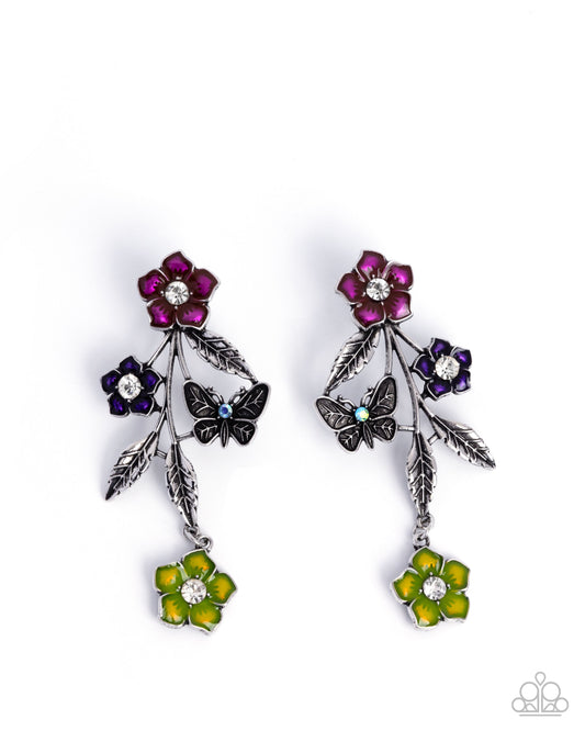 Whimsical Weekend - Multicolor Painted Silver Flowers/Silver Butterfly Paparazzi Earrings