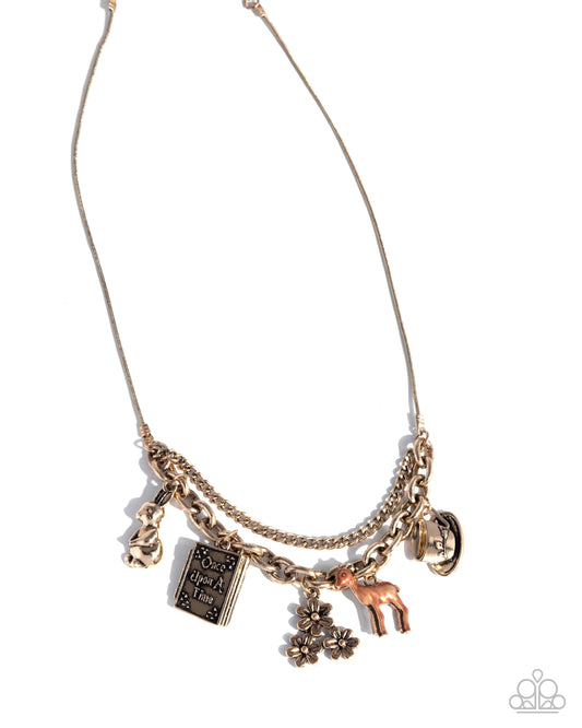 Storybook Setting - Gold Fairytale-Inspired Charms Paparazzi Necklace & matching earrings