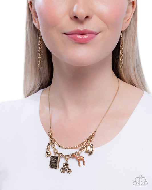 Storybook Setting - Gold Fairytale-Inspired Charms Paparazzi Necklace & matching earrings