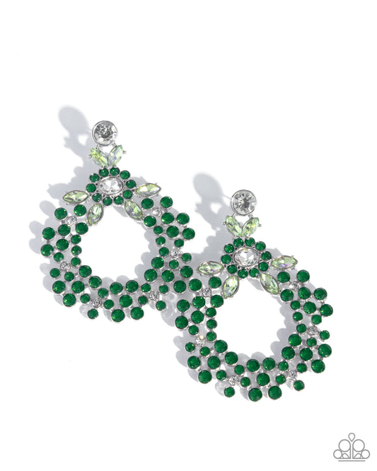 Opalescent Opulence - Green Rhinestones & White Gem Paparazzi Floral Inspired Paparazzi Earrings
