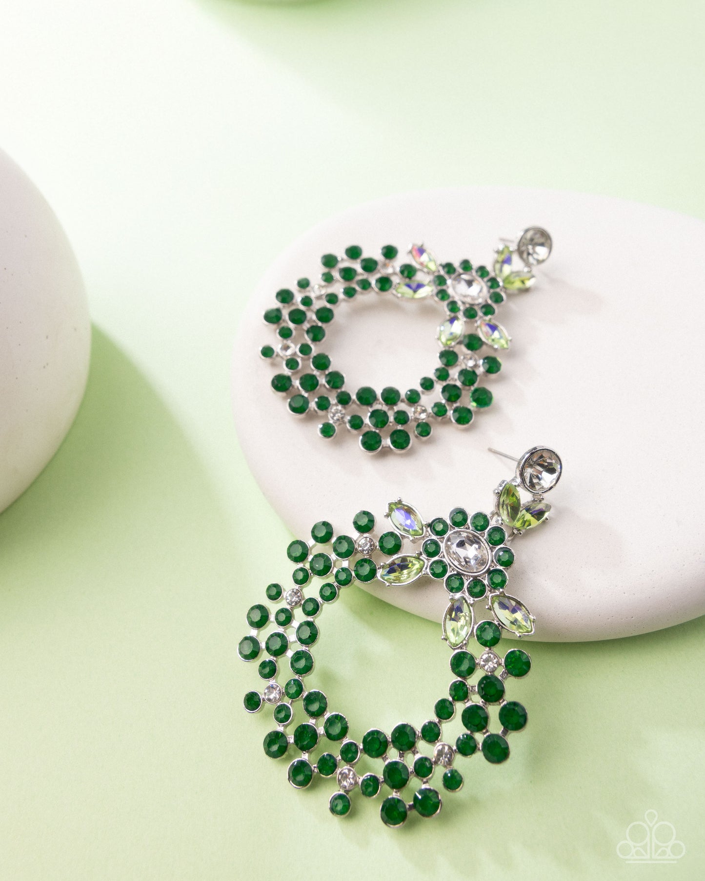 Opalescent Opulence - Green Rhinestones & White Gem Paparazzi Floral Inspired Paparazzi Earrings