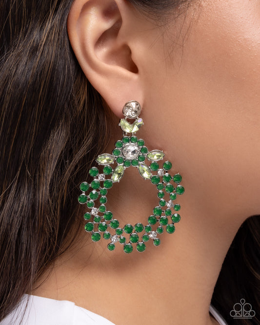 Opalescent Opulence - Green Rhinestones & White Gem Paparazzi Floral Inspired Paparazzi Earrings