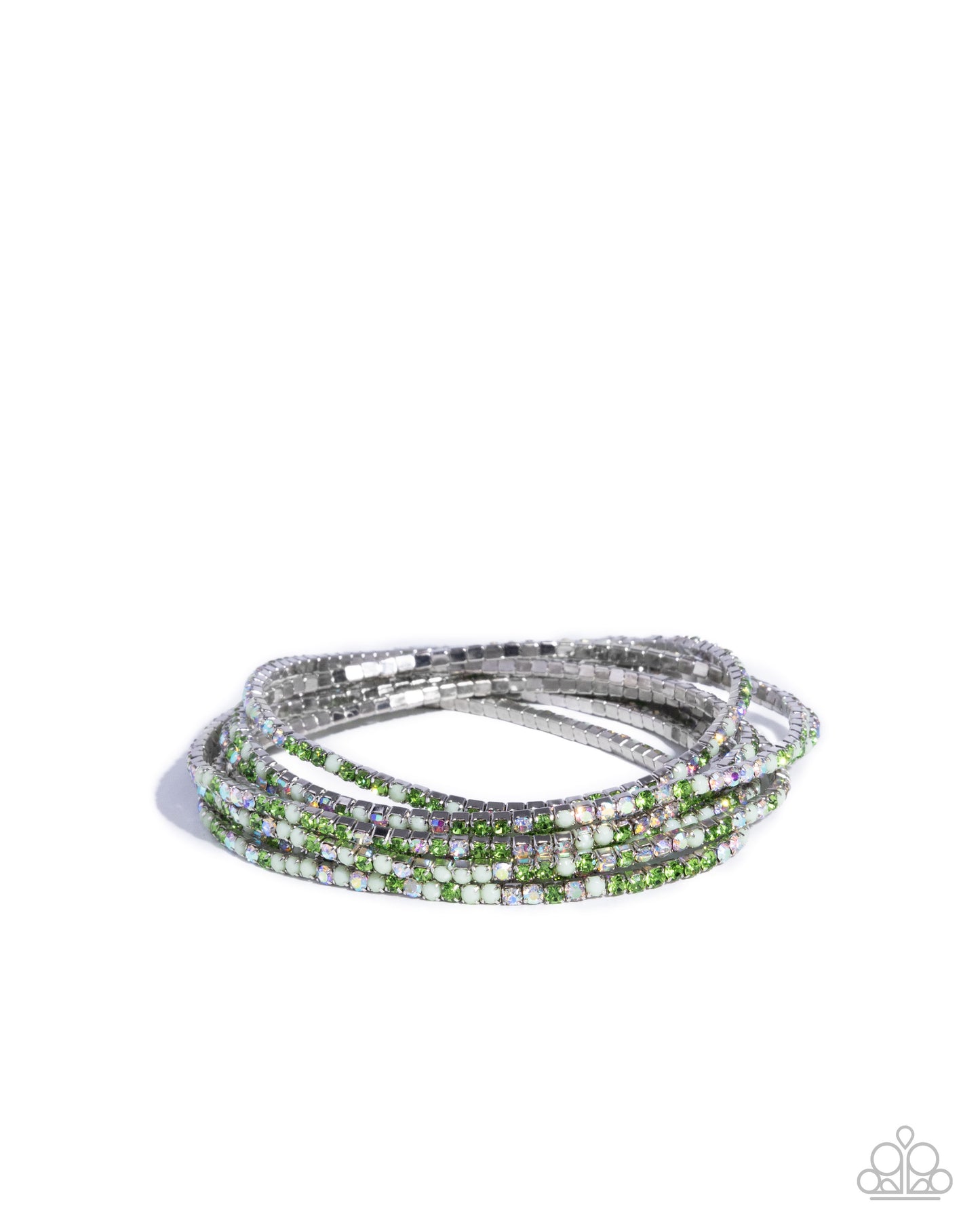 Candlelight Cascade - Green Rhinestones, Iridescent Rhinestones, & Lime Acrylic Beaded Set of 8 Paparazzi Stretch Bracelets