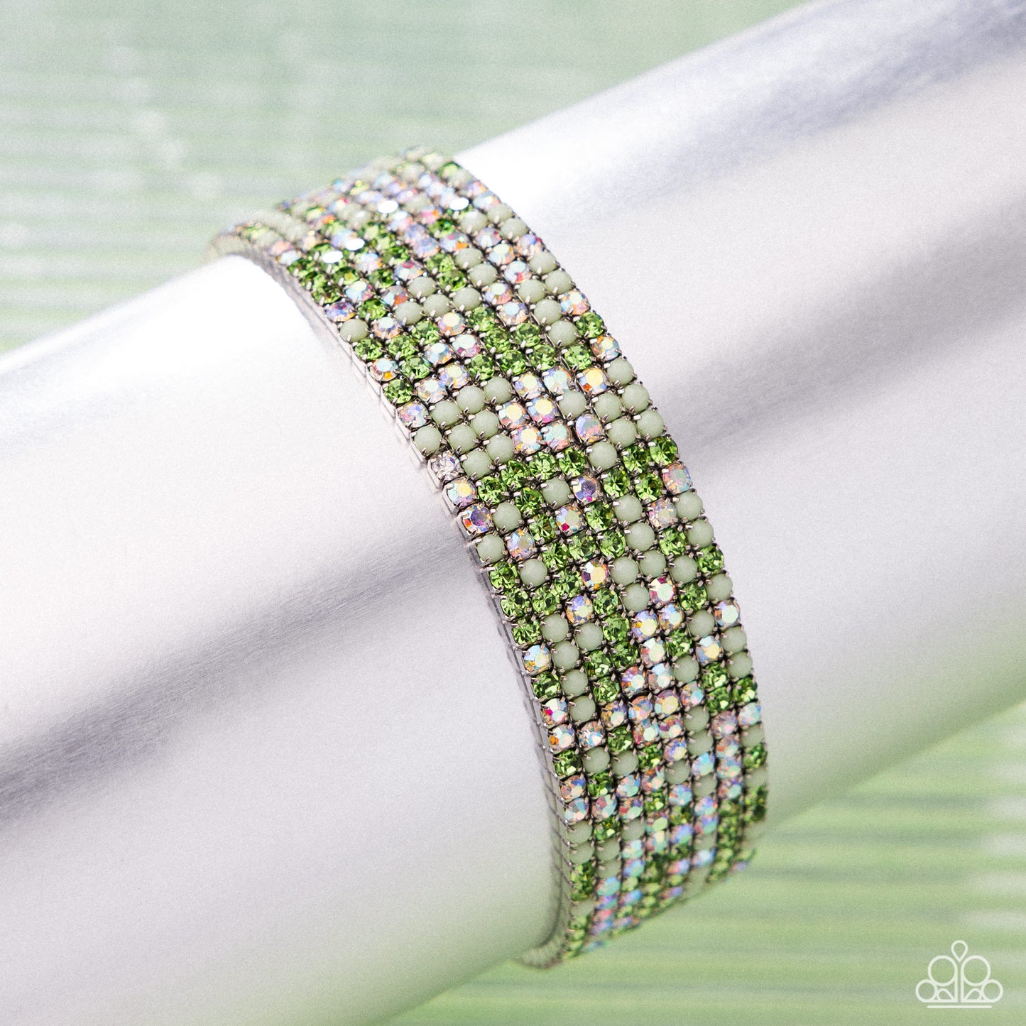 Candlelight Cascade - Green Rhinestones, Iridescent Rhinestones, & Lime Acrylic Beaded Set of 8 Paparazzi Stretch Bracelets