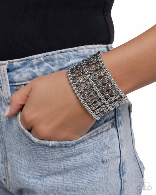 Stacked Significance - Silver Beads/Hematite Rhinestone Silver Discs Paparazzi Stretch Bracelet