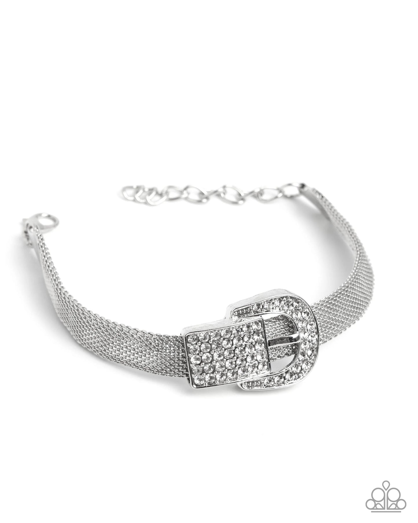 Boldly Buckled - White Rhinestone Dusted Belt Loop/Silver Mesh Chain Paparazzi Tennis Bracelet