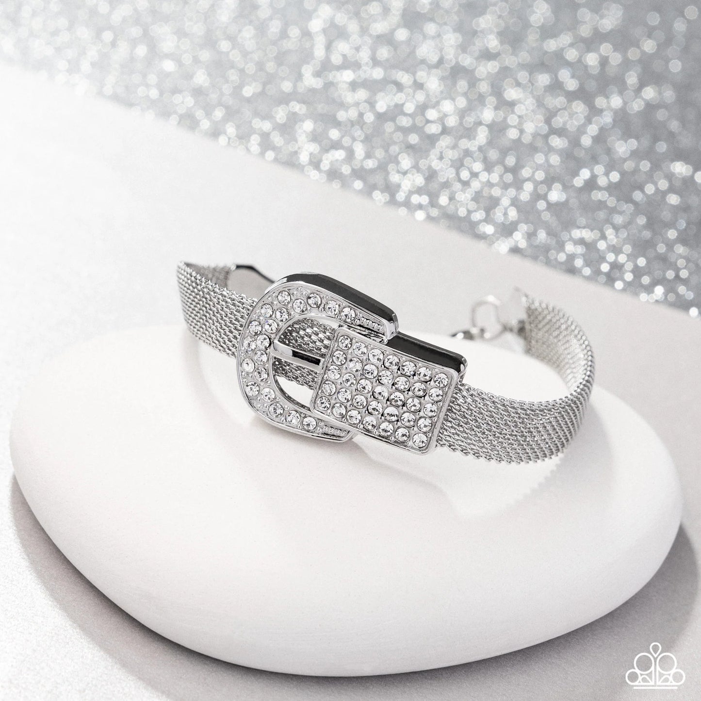 Boldly Buckled - White Rhinestone Dusted Belt Loop/Silver Mesh Chain Paparazzi Tennis Bracelet
