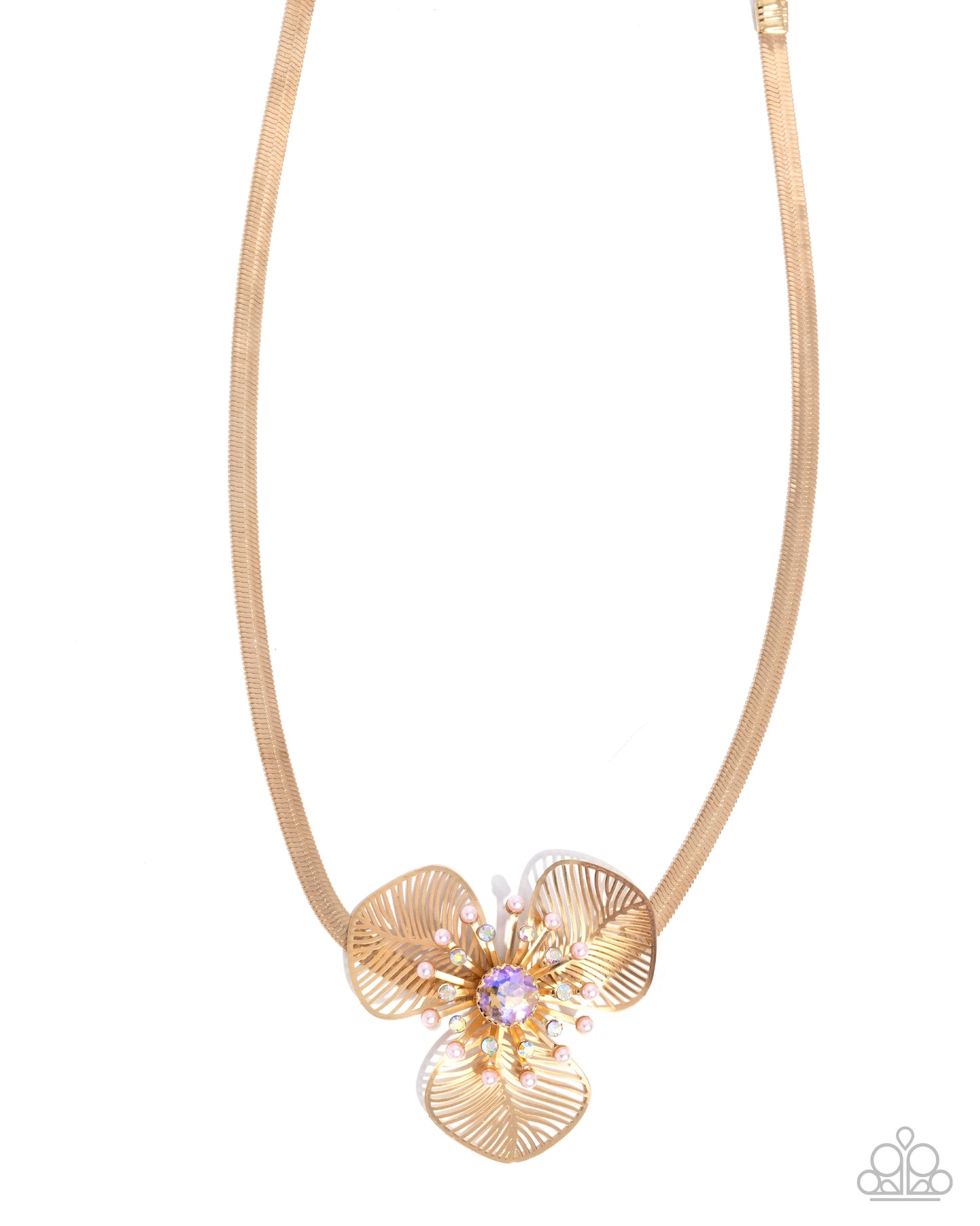 Valiantly Verdant - Pink Gem Center/Gold 3-D Flower Pendant Paparazzi Necklace & matching earrings