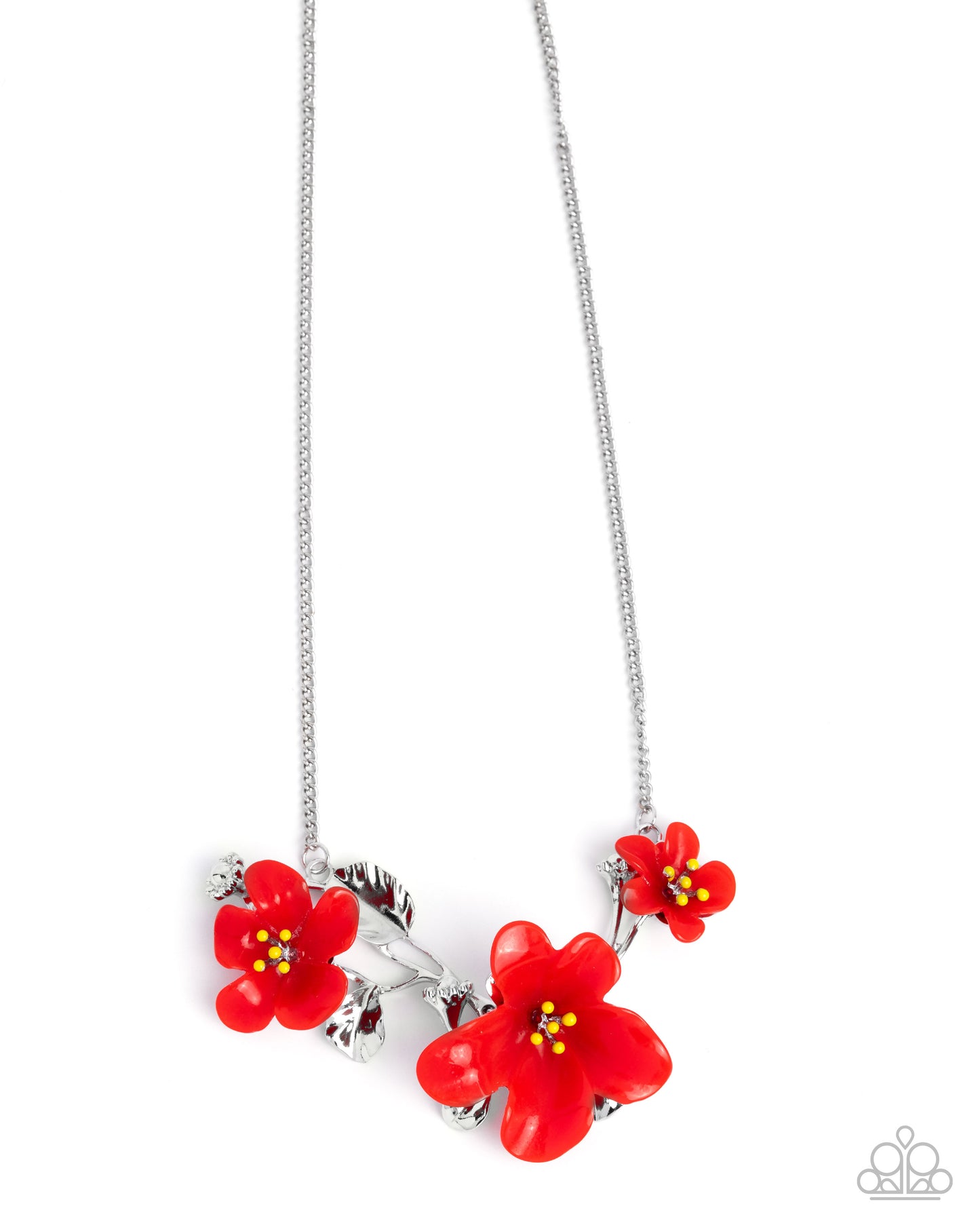 Floral Forecast - Red Acrylic Flowers/Silver Leaves Paparazzi Necklace & matching earrings