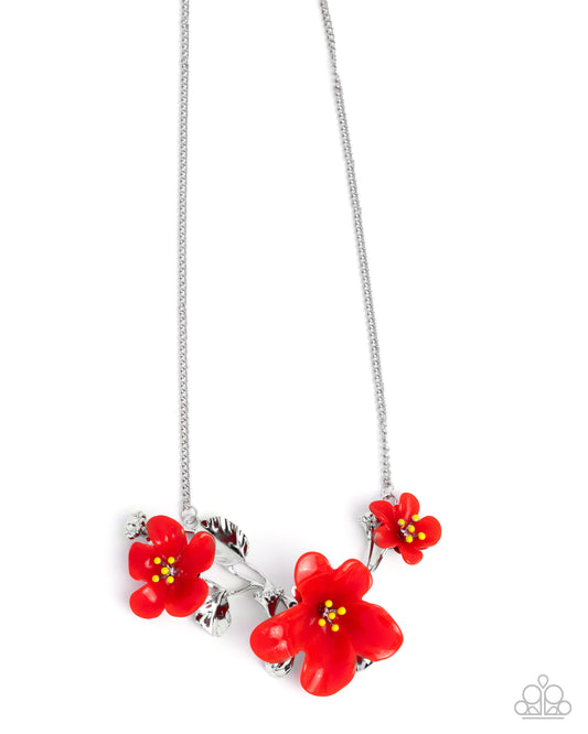 Floral Forecast - Red Acrylic Flowers/Silver Leaves Paparazzi Necklace & matching earrings