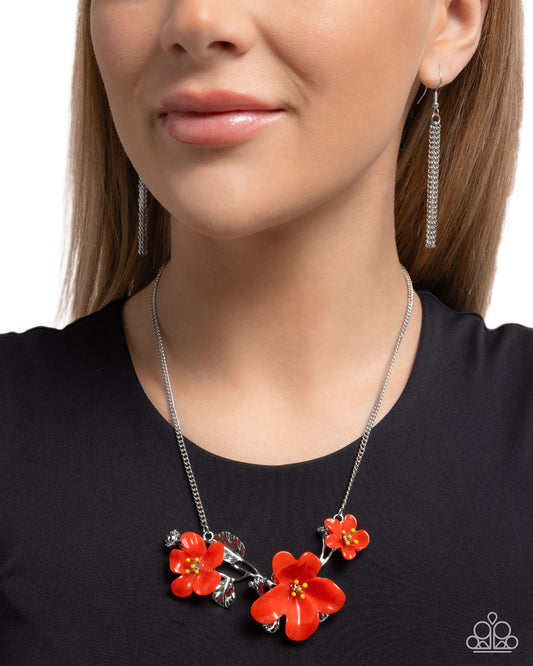 Floral Forecast - Red Acrylic Flowers/Silver Leaves Paparazzi Necklace & matching earrings