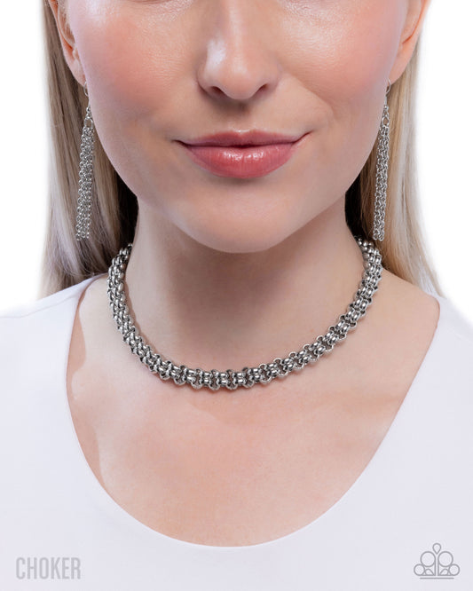 Double Demand - Silver Box Chain Paparazzi Choker Necklace & matching earrings