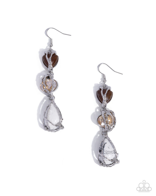 The Next Right Thing - White Marbled Teardrop, Peach Gem, & Tan Bead Paparazzi Earrings