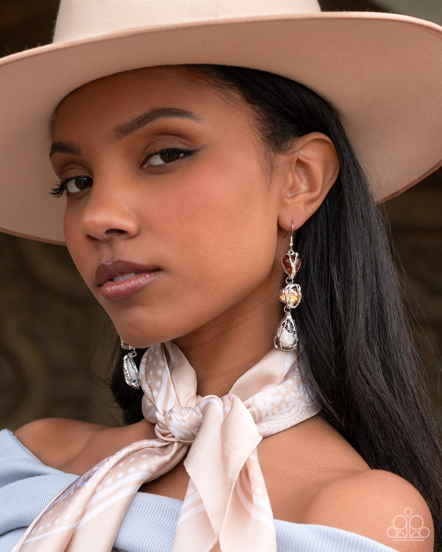 The Next Right Thing - White Marbled Teardrop, Peach Gem, & Tan Bead Paparazzi Earrings