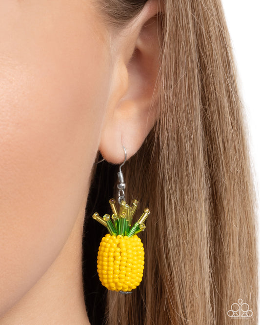 Pleasant Pineapple - Yellow & Green Seed Bead Pineapple Paparazzi Earrings