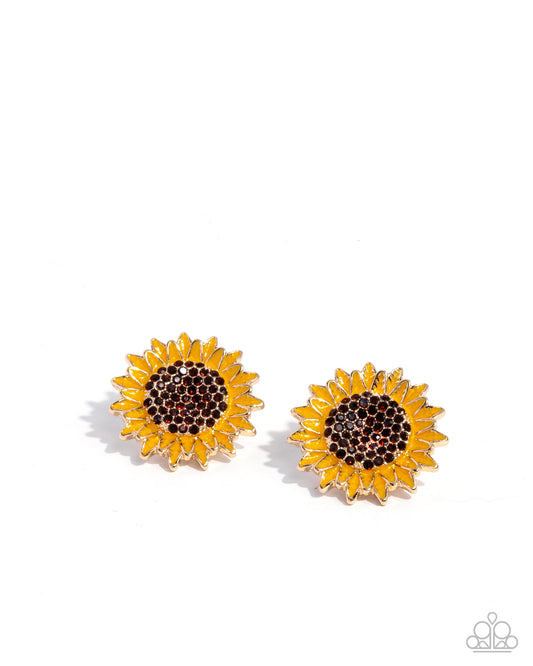 Blooming Beat - Brown Rhinestone Centers/Yellow Painted Sunflower Petals Paparazzi Post Earrings