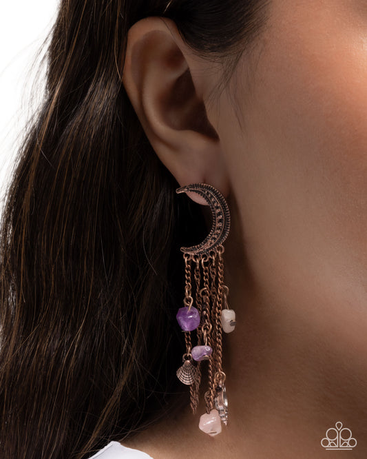 Crescent Call - Copper Crescent Moon/Copper Chains & Natural Stone-Like Beaded Paparazzi Earrings