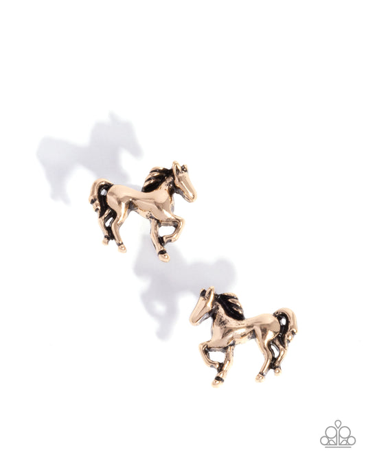 Stallion Selfie - Gold Horse Paparazzi Post Earrings