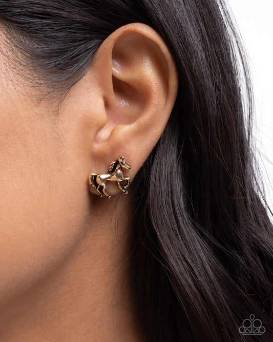 Stallion Selfie - Gold Horse Paparazzi Post Earrings