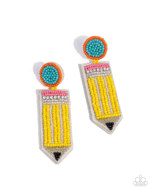 Phenomenal Pencil - Yellow, Silver, Turquoise, Orange, Pink, & Black Seed Bead Pencil Paparazzi Earrings
