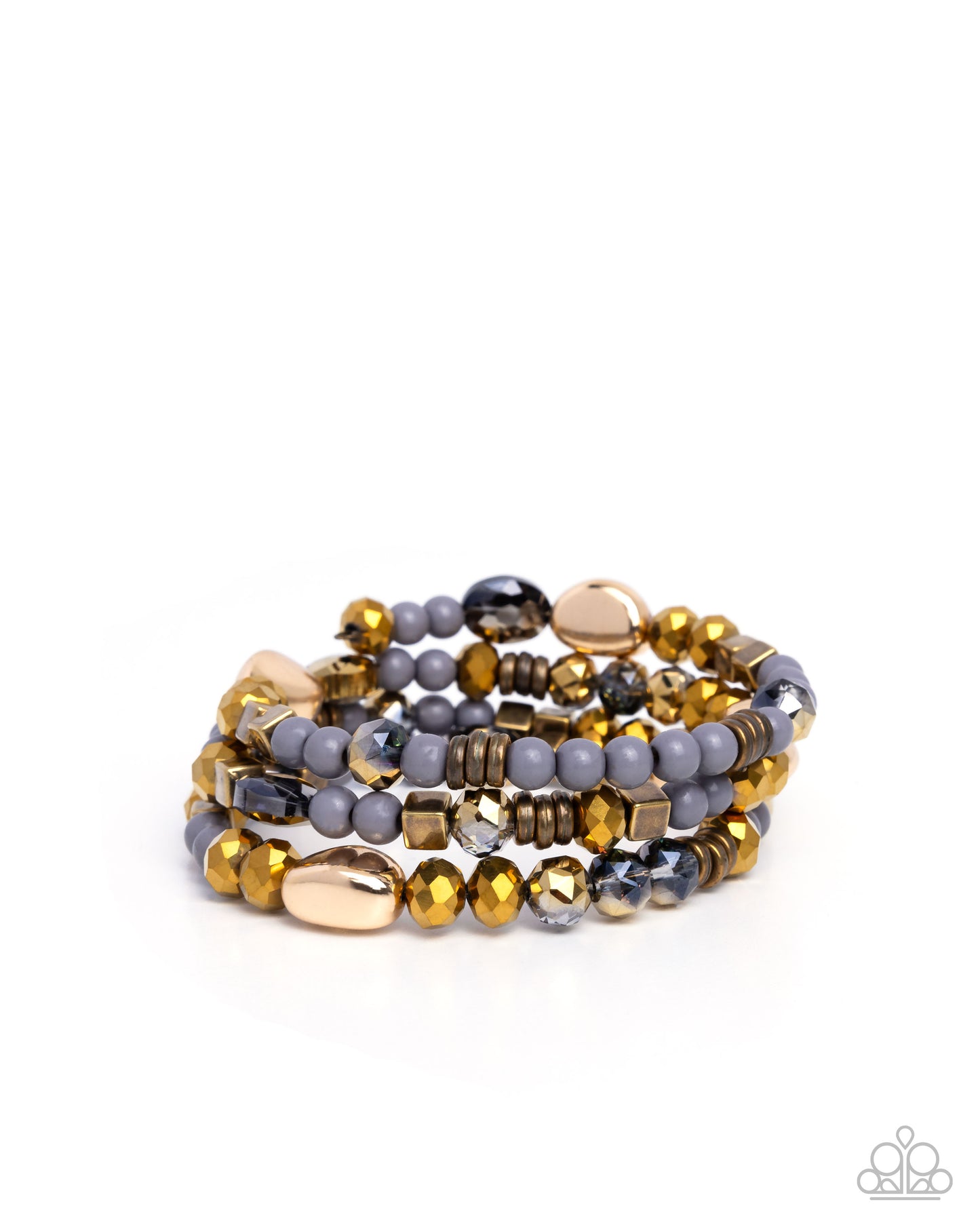 Material WHIRL - Brass Discs & Cubes, Gold Beads, Gray Beaded Paparazzi Coil Bracelet