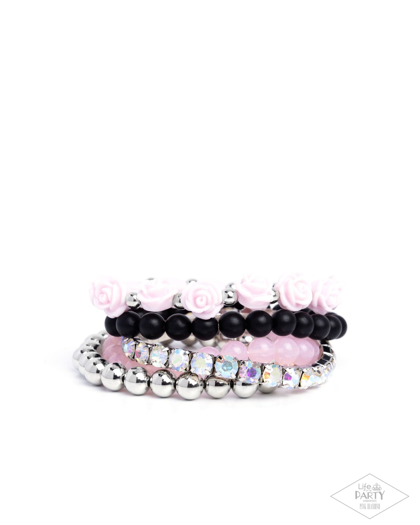 Rose Garden Grandeur - Pink Resin Roses, Black & Pink Beads, & Iridescent Rhinestones Paparazzi Set of 5 Stretch Bracelets