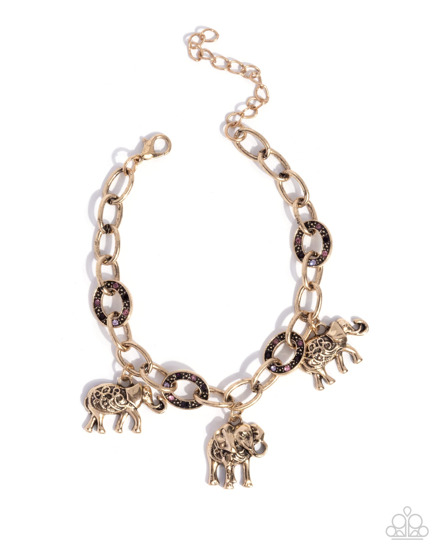 Follow the Herd - Purple Rhinestone Ovals/Gold Elephant Charms Paparazzi Tennis Bracelet