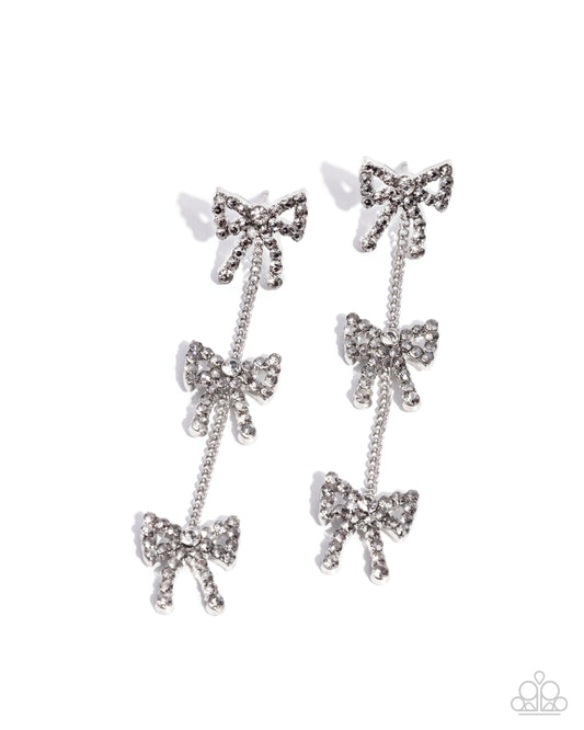 Coquette Course - Silver Chains/Rhinestone Encrusted Bows Paparazzi Earrings