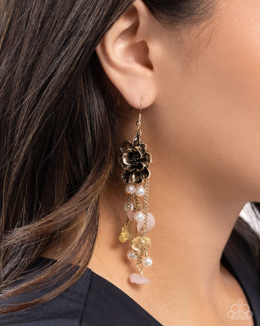 Carefree Cascade - Yellow/Pink Stones, Antiqued Gold Flower, Antiqued Gold Chains Paparazzi Earrings
