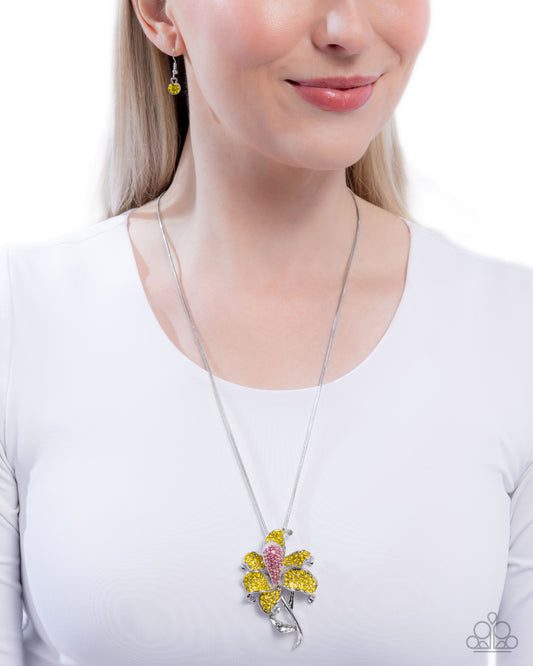 Lily Luminescence - Yellow/Pink Rhinestone Floral Pendant Paparazzi Necklace & matching earrings