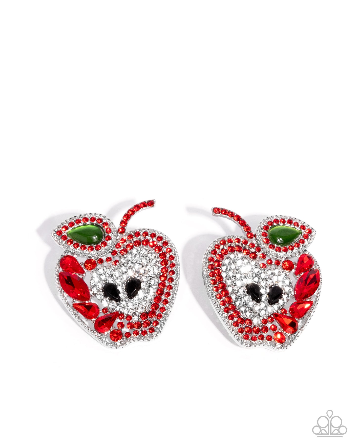 Apple for the Teacher - Red & White Rhinestones/Black Gems./Green Cat's Eye Apple Paparazzi Post Earrings
