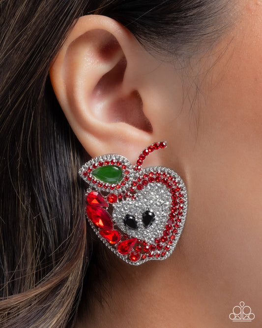 Apple for the Teacher - Red & White Rhinestones/Black Gems./Green Cat's Eye Apple Paparazzi Post Earrings