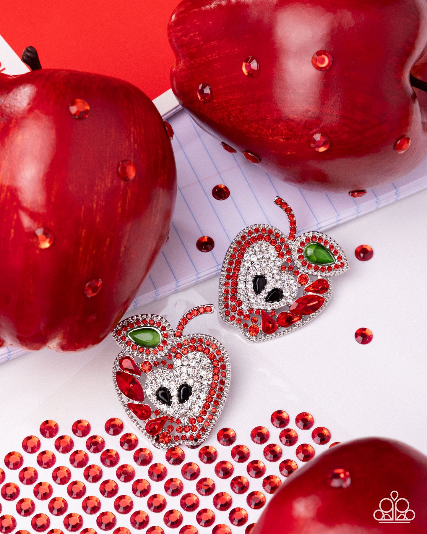 Apple for the Teacher - Red & White Rhinestones/Black Gems./Green Cat's Eye Apple Paparazzi Post Earrings