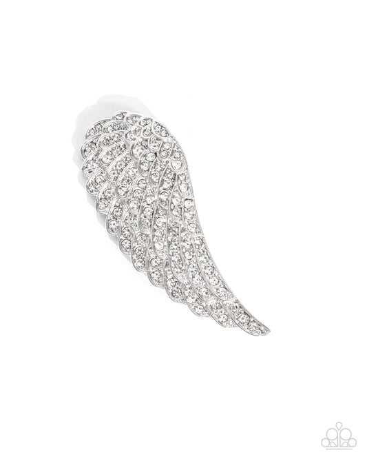 Angelic Affection - White Rhinestone Encrusted Silver Angel Wing Paparazzi Brooch