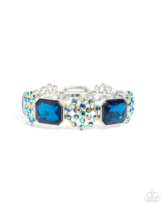 Prismatic Profession - Blue Emerald-Cut Gems & Blue Iridescent Rhinestone Paparazzi Stretch Bracelet