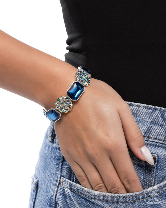 Prismatic Profession - Blue Emerald-Cut Gems & Blue Iridescent Rhinestone Paparazzi Stretch Bracelet