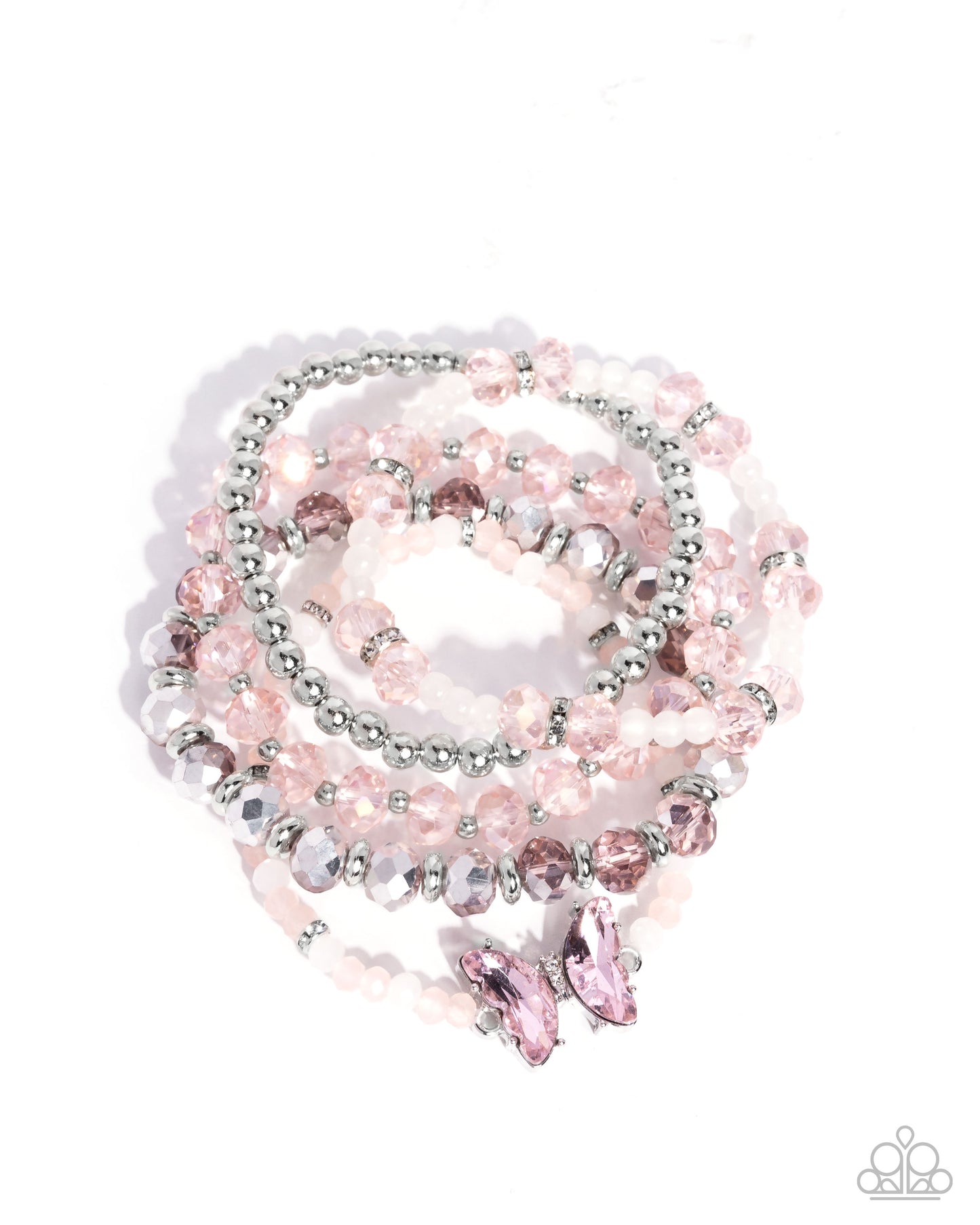 Aerial Abundance - Pink & Silver Beads/Pink Gem Butterfly Paparazzi Set of 5 Stretch Bracelets