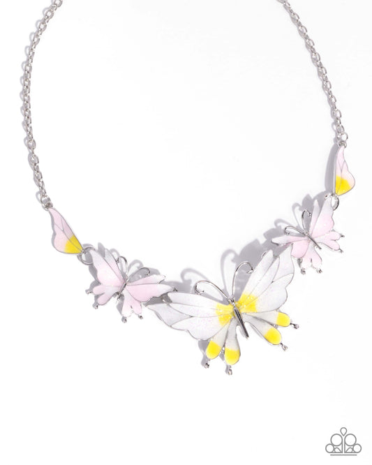 Floating Feature - Yellow/White/Pink Butterflies Paparazzi Necklace & matching earrings