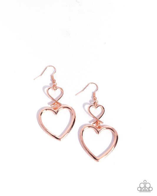 Sweetheart Symmetry - Copper Double Heart Frame Paparazzi Earrings