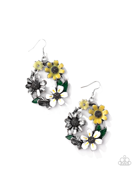 Wreathed Weekday - Yellow, White, & Antiqued Silver Flower Paparazzi Earrings