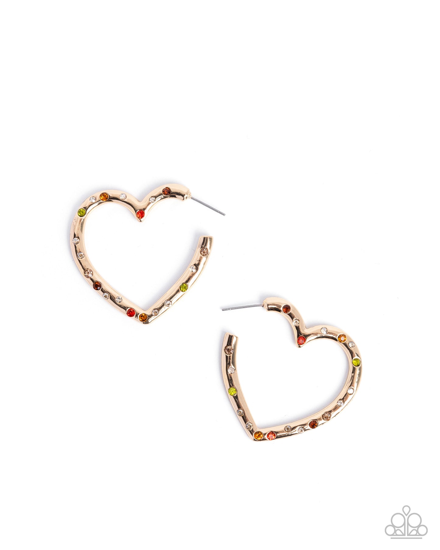 Mosaic Matchmaker - Multicolored Dainty Rhinestones & Gold Heart Hoop Paparazzi Earrings