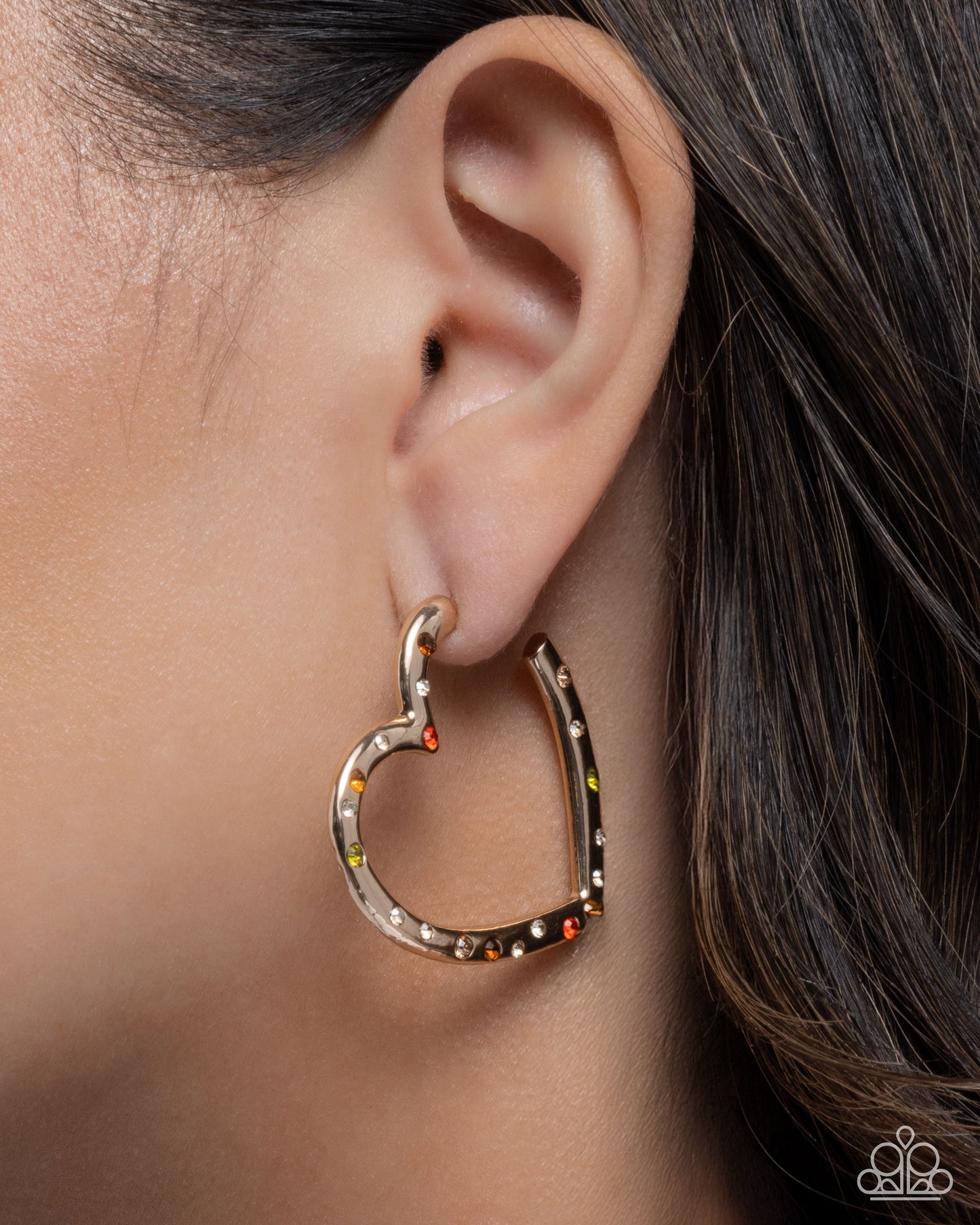 Mosaic Matchmaker - Multicolored Dainty Rhinestones & Gold Heart Hoop Paparazzi Earrings
