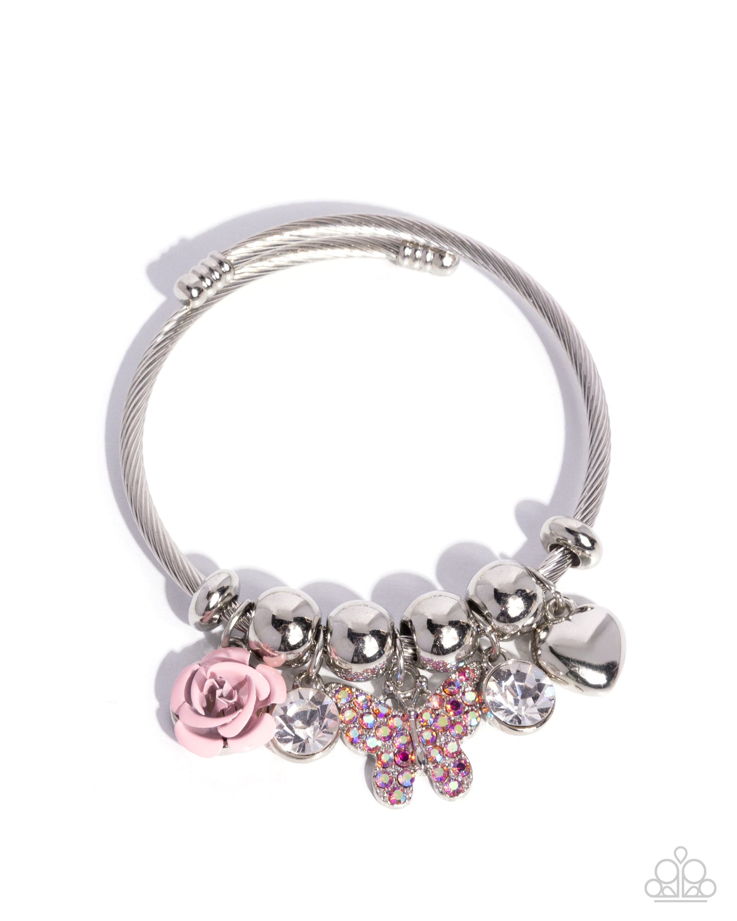 Windblown Whimsy - Pink Rose, Pink Rhinestone Butterfly Charms Paparazzi Charm Bracelet