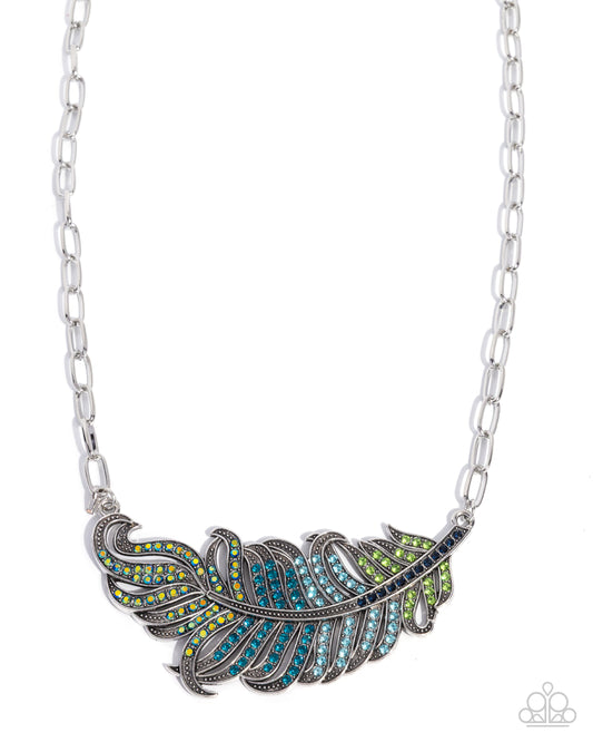 Fancy Feather - Blue/Iridescent/Green Rhinestone Encrusted Silver Feather Pendant Paparazzi Necklace & matching earrings