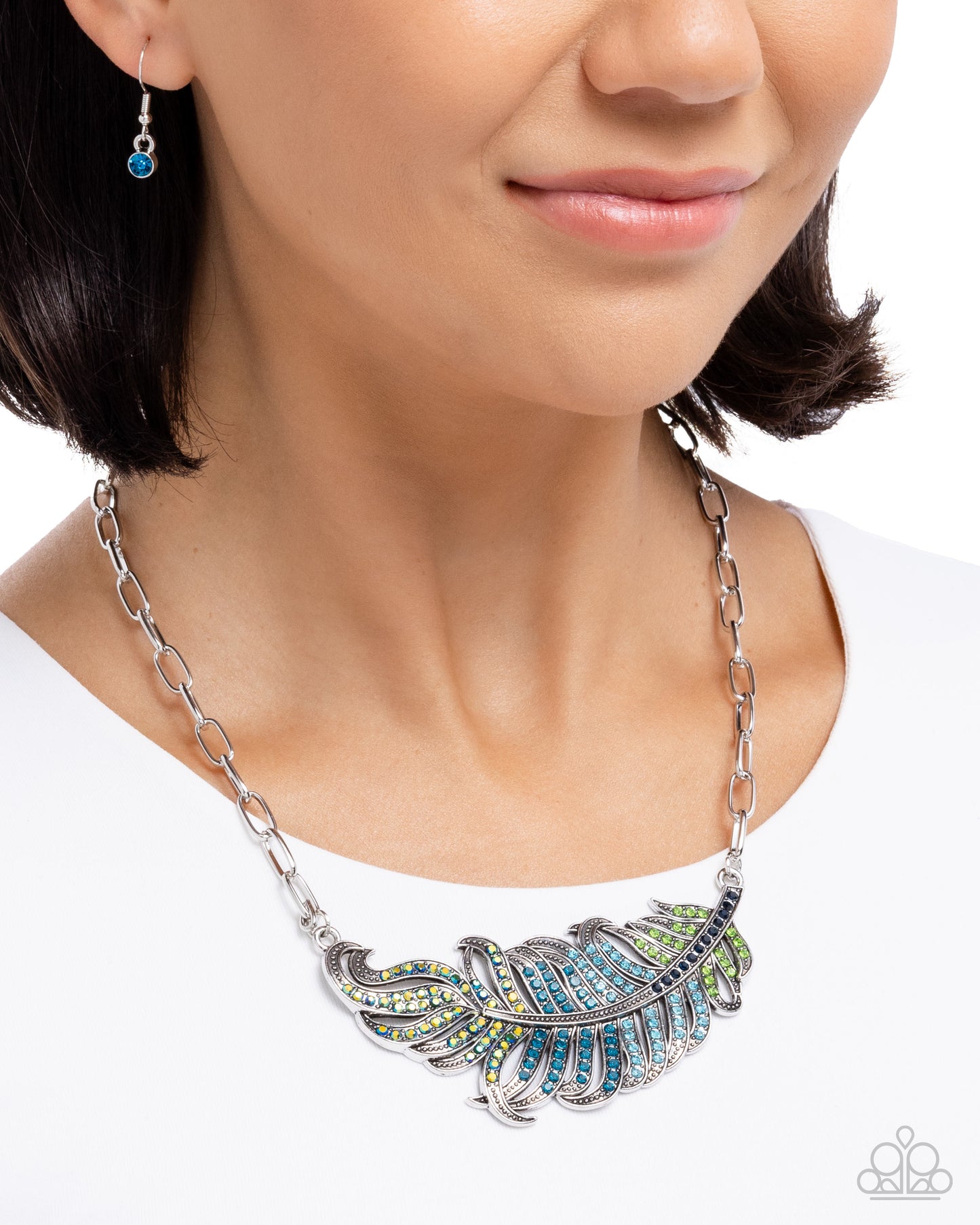 Fancy Feather - Blue/Iridescent/Green Rhinestone Encrusted Silver Feather Pendant Paparazzi Necklace & matching earrings