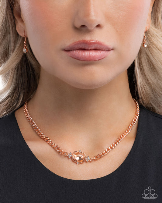 Majestic Memory - Copper Curb Chain/Peach Oval Gem Paparazzi Necklace & matching earrings