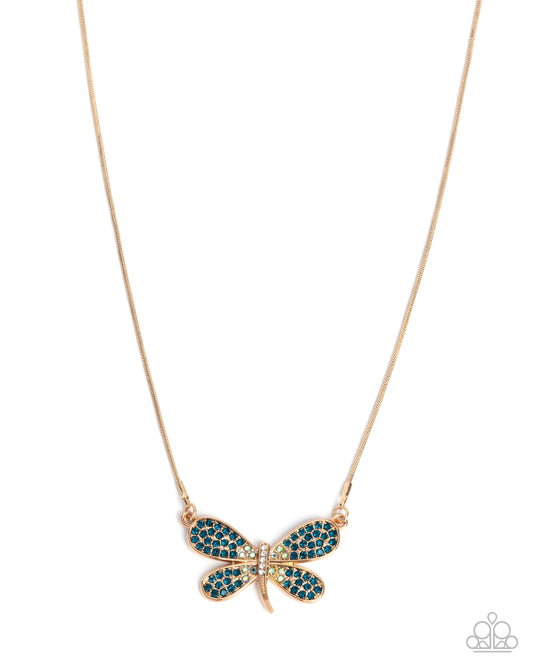 Dragonfly Direction - Gold/Multicolored Rhinestone Dragonfly Pendant Paparazzi Necklace & matching earrings