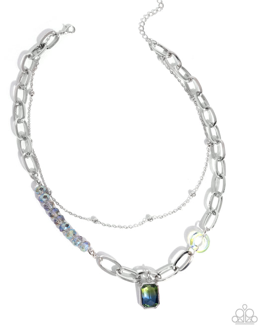 Transparent Tapestry - Green UV Gem Pendant/Silver Paperclip Chain Paparazzi Necklace & matching earrings