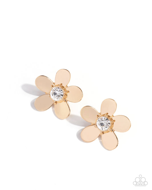 Blooming Boutique - Gold Petals & White Rhinestone Center Paparazzi Flower Earrings