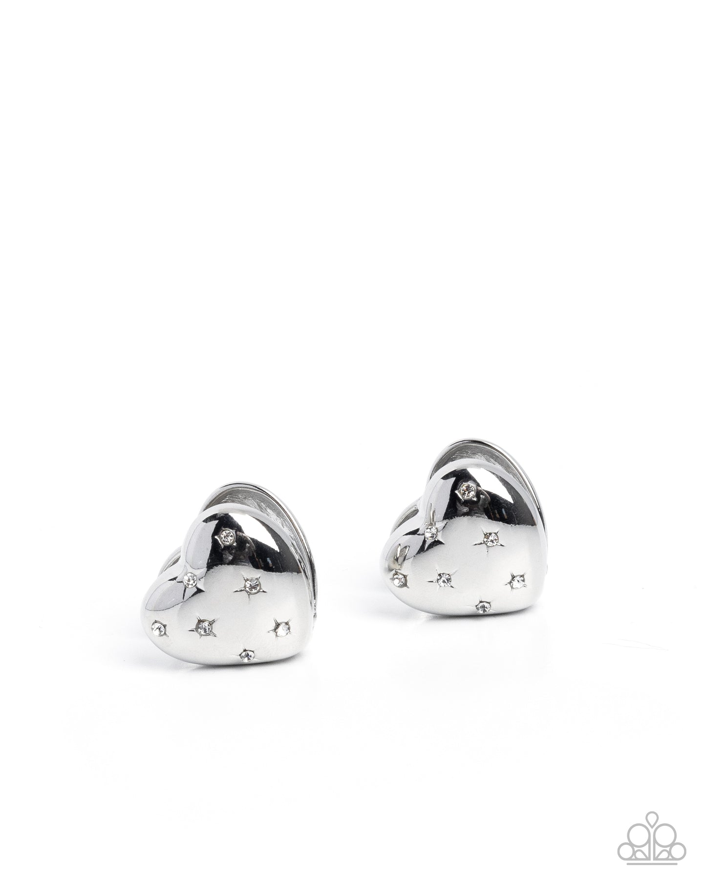 Sweetheart Stars - White Rhinestone Star Embellished Silver Heart Paparazzi Hinge Hoop Earrings